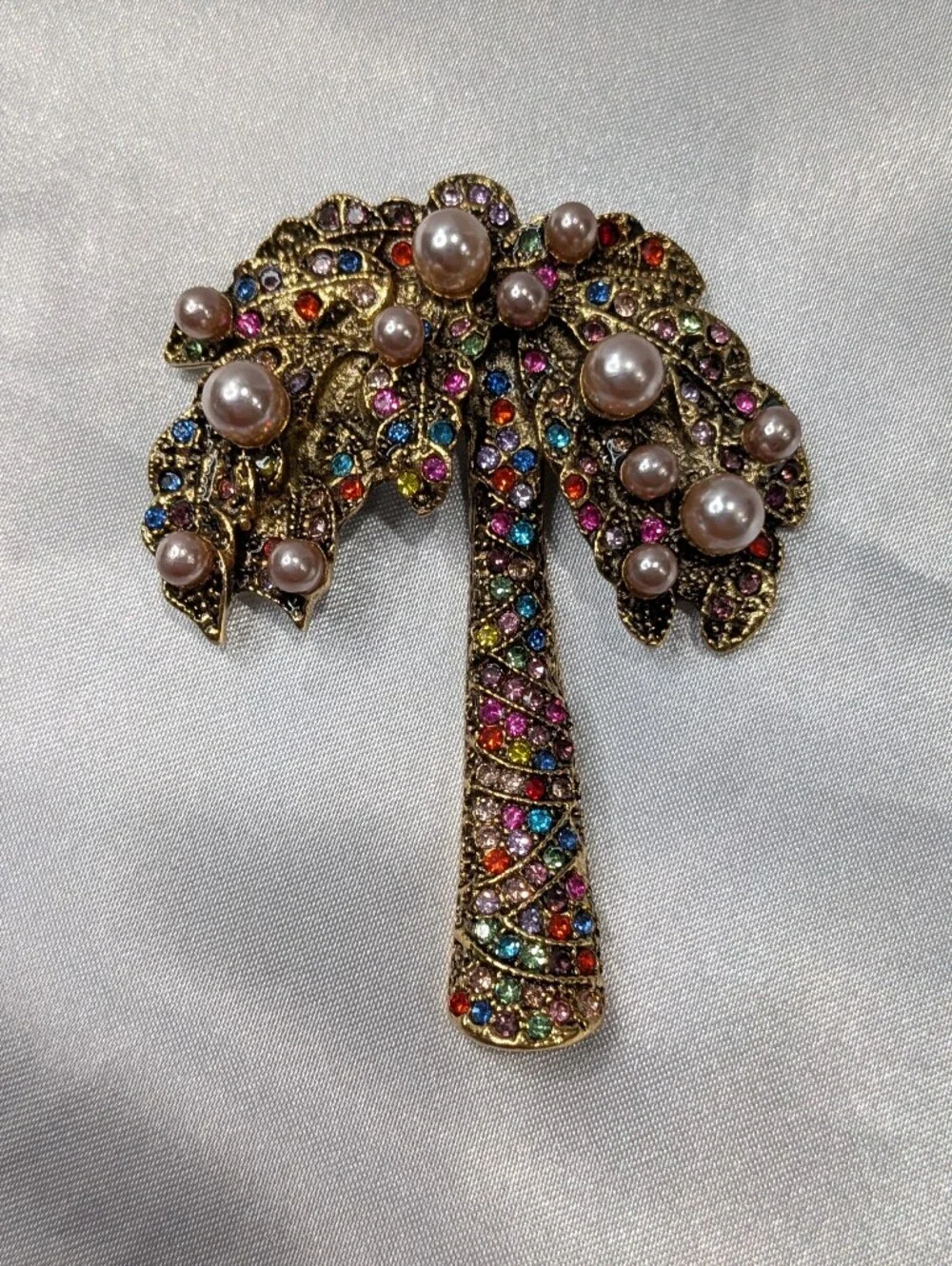 Multicolor Rhinestone Faux Pearl Palm Tree Brooch Pin Gold Tone Tropical